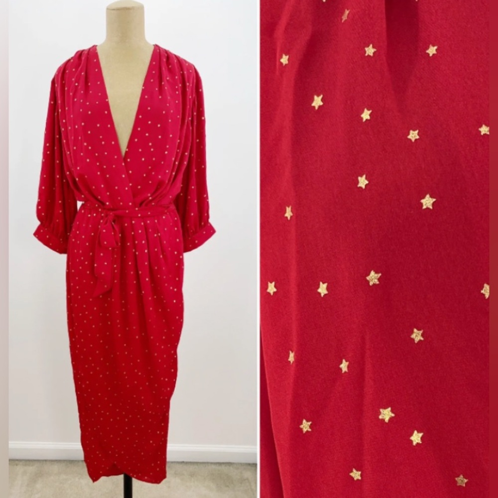 Amanda Uprichard Red & Gold Star V Neck Blouson Wrap Midi Dress NWT